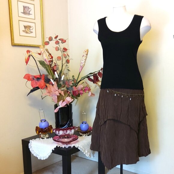 NWT Women Brown 2-Layers of Tiered Lined Elastic High Waist Asymmetrical Skirt - Picture 10 of 14